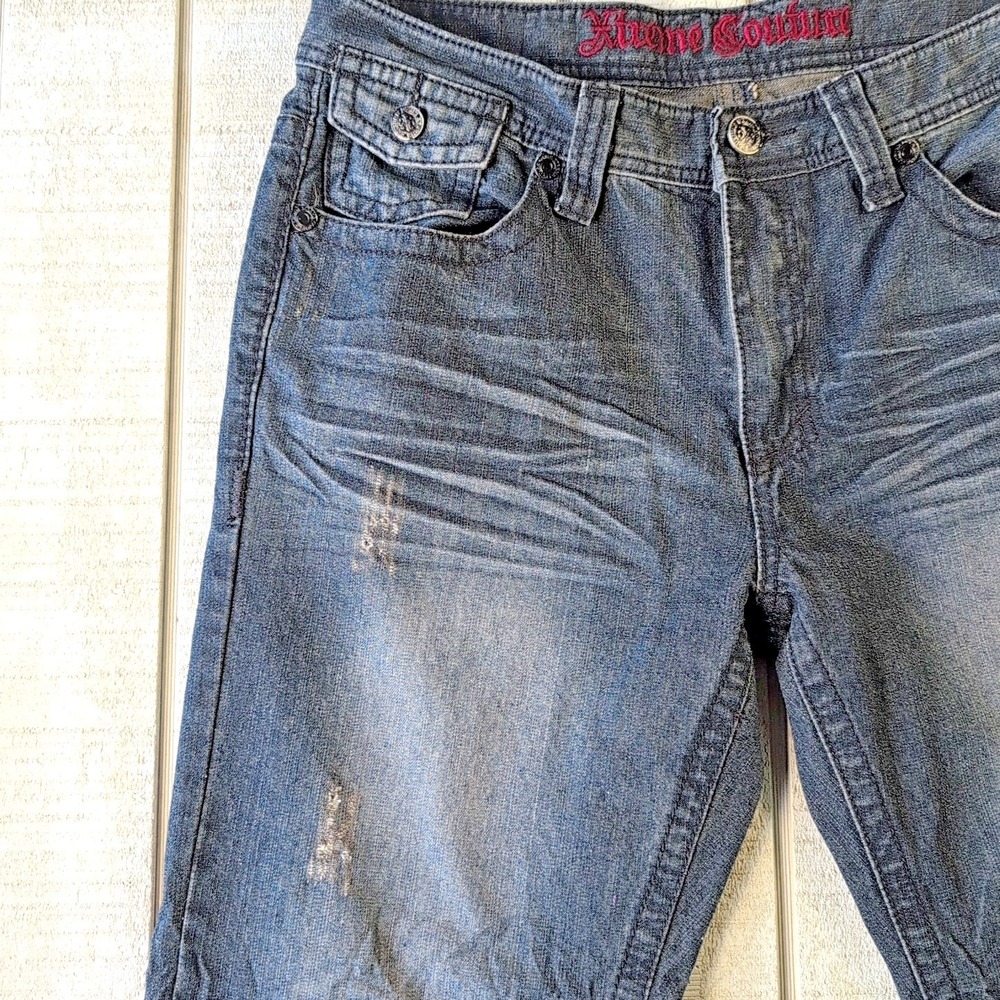 VTG Extreme Couture Mens Jeans 34x30 Blue Denim Studded Cross Designer‎ - Pants - Picture 3 of 11